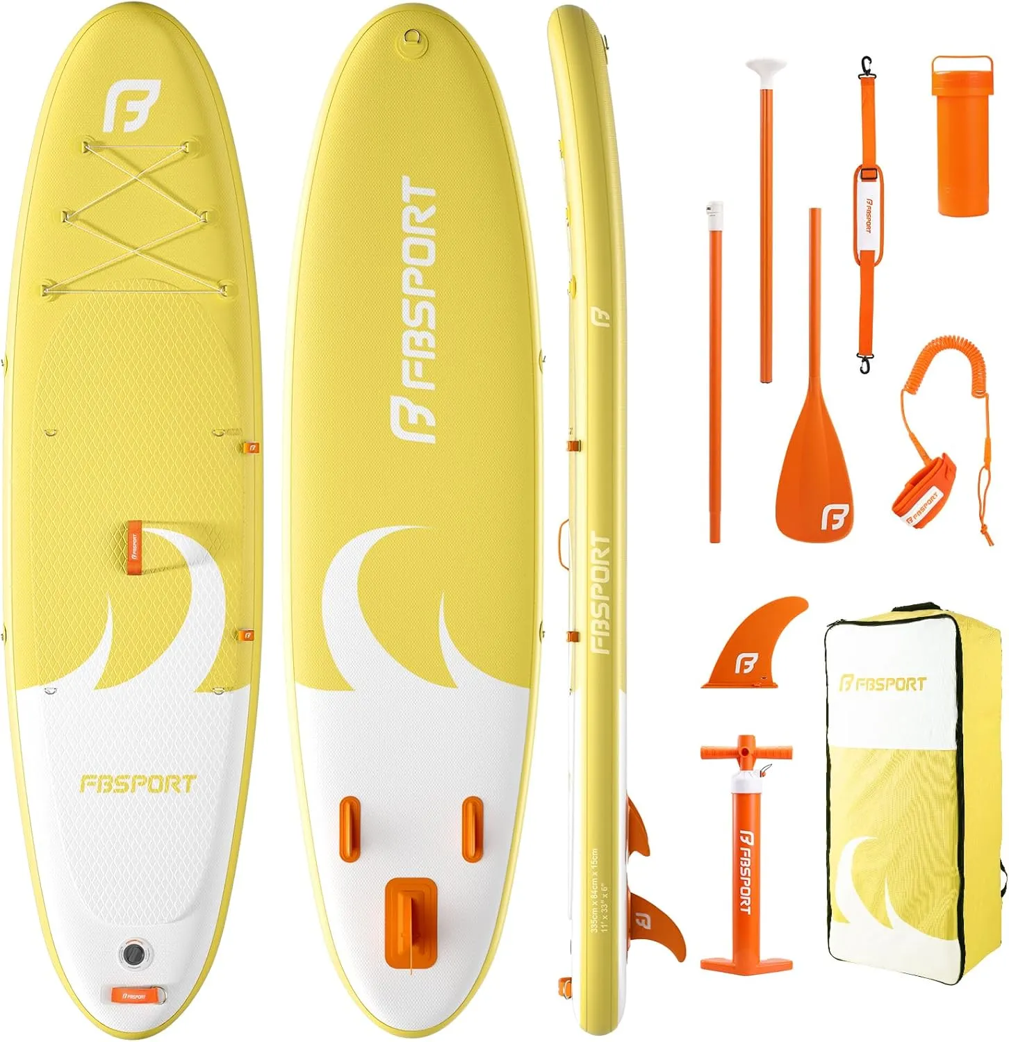 FBSPORT 11' Premium Stand Up Paddle Board, Yoga Board with SUP Accessories & Carry Bag | Wide Stance, Surf Control, Non-Slip Deck, Leash, Paddle and Pump for Youth & Adult
