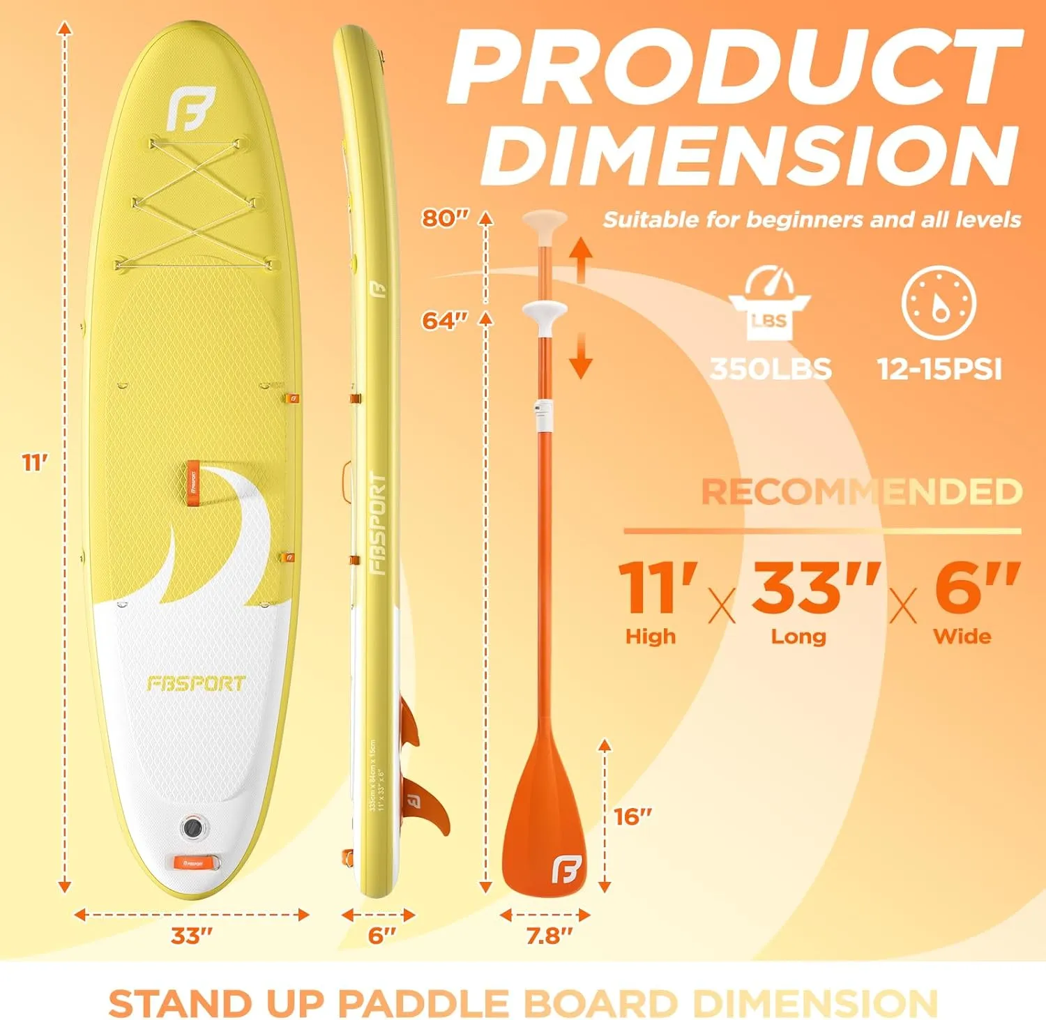 FBSPORT 11' Premium Stand Up Paddle Board, Yoga Board with SUP Accessories & Carry Bag | Wide Stance, Surf Control, Non-Slip Deck, Leash, Paddle and Pump for Youth & Adult