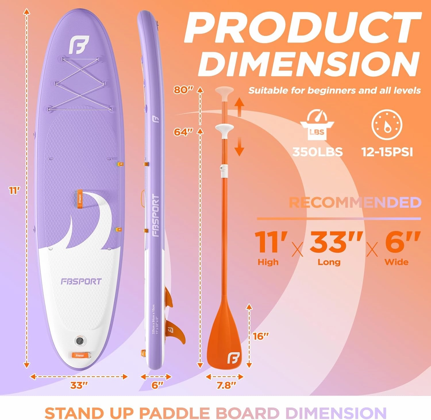FBSPORT 11' Premium Stand Up Paddle Board, Yoga Board with SUP Accessories & Carry Bag | Wide Stance, Surf Control, Non-Slip Deck, Leash, Paddle and Pump for Youth & Adult