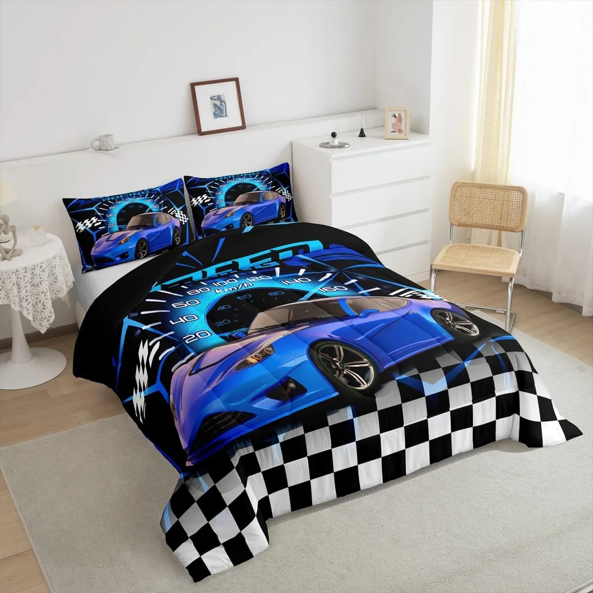 Feelyou Blue Racing Car Comforter Set Twin Size, Extreme Sport Games Bedding Sets for Kids Boys Teens,Sports Car Bed in A Bag,Cool Modern Duvet Insert with 1 Pillowcase