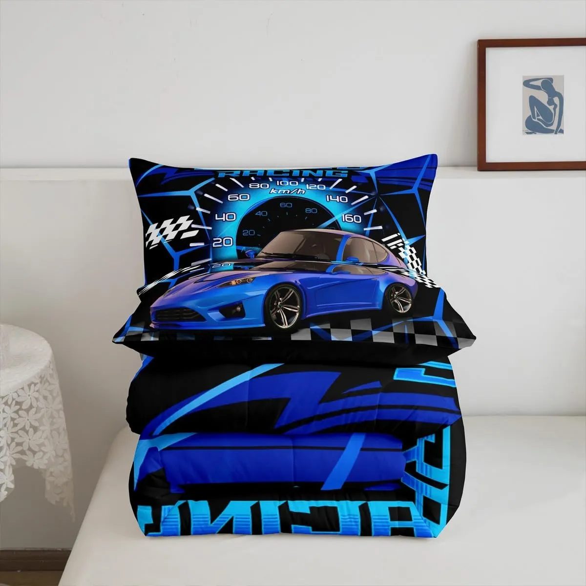 Feelyou Blue Racing Car Comforter Set Twin Size, Extreme Sport Games Bedding Sets for Kids Boys Teens,Sports Car Bed in A Bag,Cool Modern Duvet Insert with 1 Pillowcase