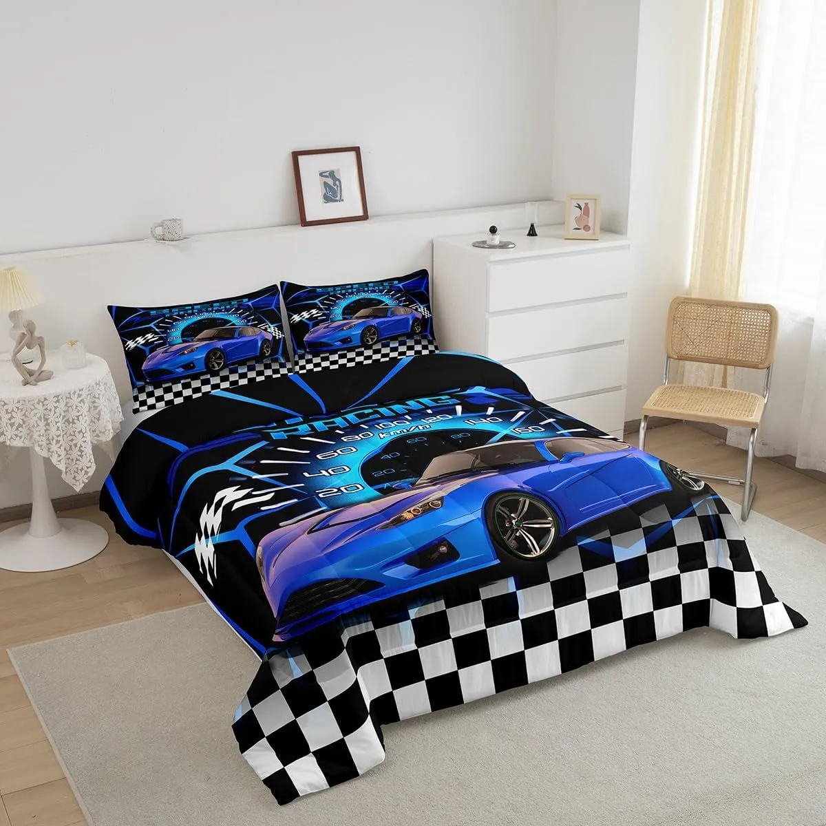 Feelyou Blue Racing Car Comforter Set Twin Size, Extreme Sport Games Bedding Sets for Kids Boys Teens,Sports Car Bed in A Bag,Cool Modern Duvet Insert with 1 Pillowcase