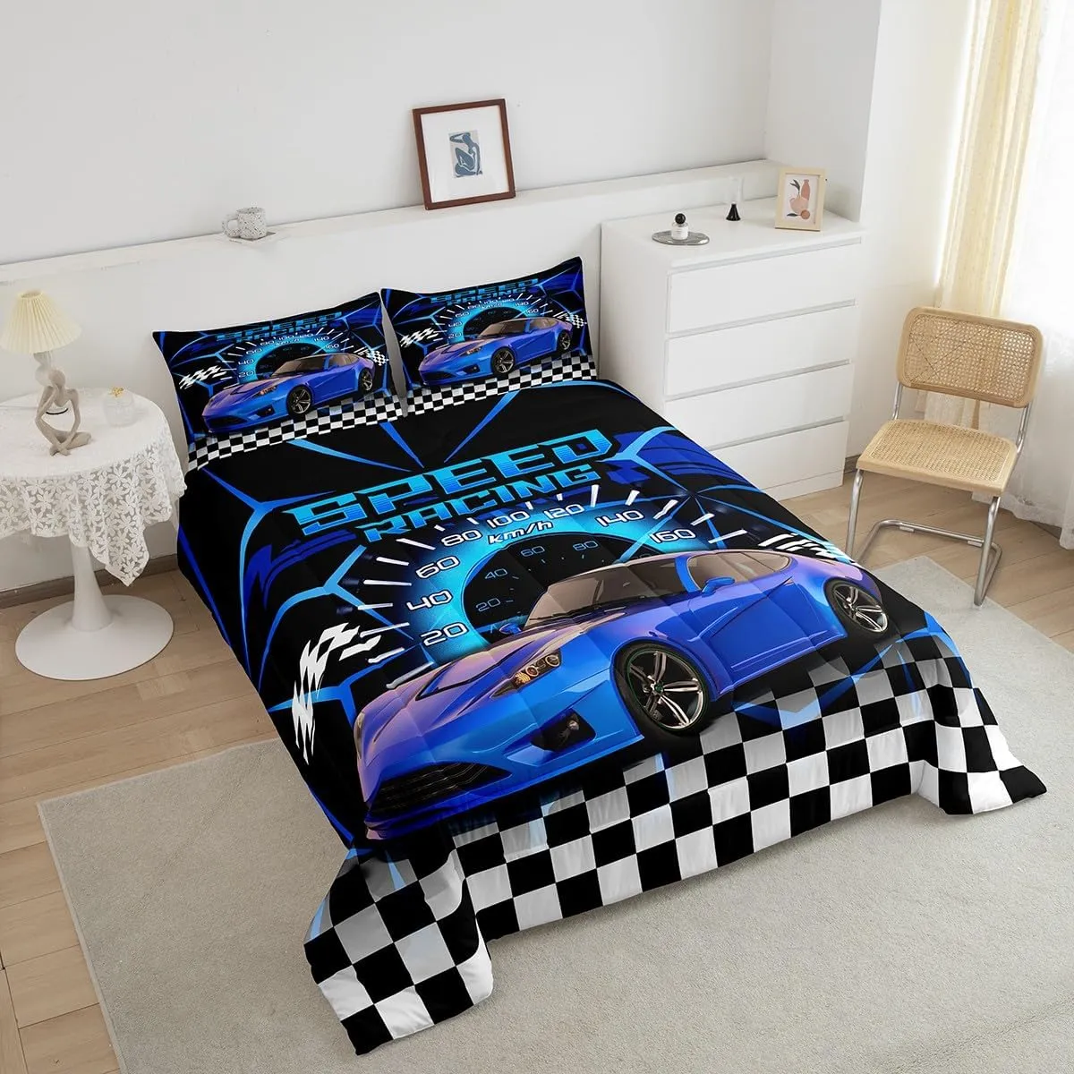 Feelyou Blue Racing Car Comforter Set Twin Size, Extreme Sport Games Bedding Sets for Kids Boys Teens,Sports Car Bed in A Bag,Cool Modern Duvet Insert with 1 Pillowcase