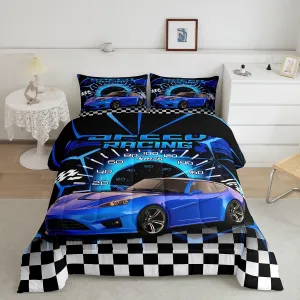 Feelyou Blue Racing Car Comforter Set Twin Size, Extreme Sport Games Bedding Sets for Kids Boys Teens,Sports Car Bed in A Bag,Cool Modern Duvet Insert with 1 Pillowcase