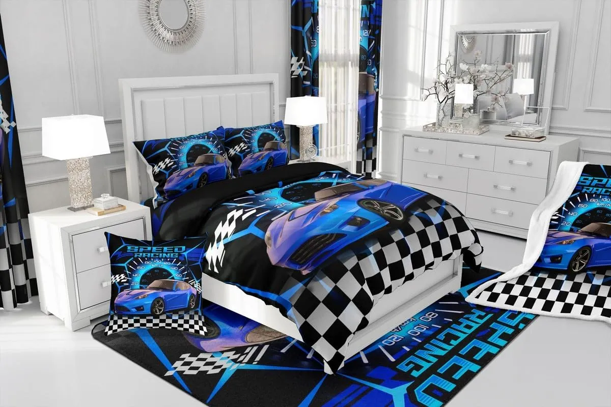 Feelyou Blue Racing Car Comforter Set Twin Size, Extreme Sport Games Bedding Sets for Kids Boys Teens,Sports Car Bed in A Bag,Cool Modern Duvet Insert with 1 Pillowcase