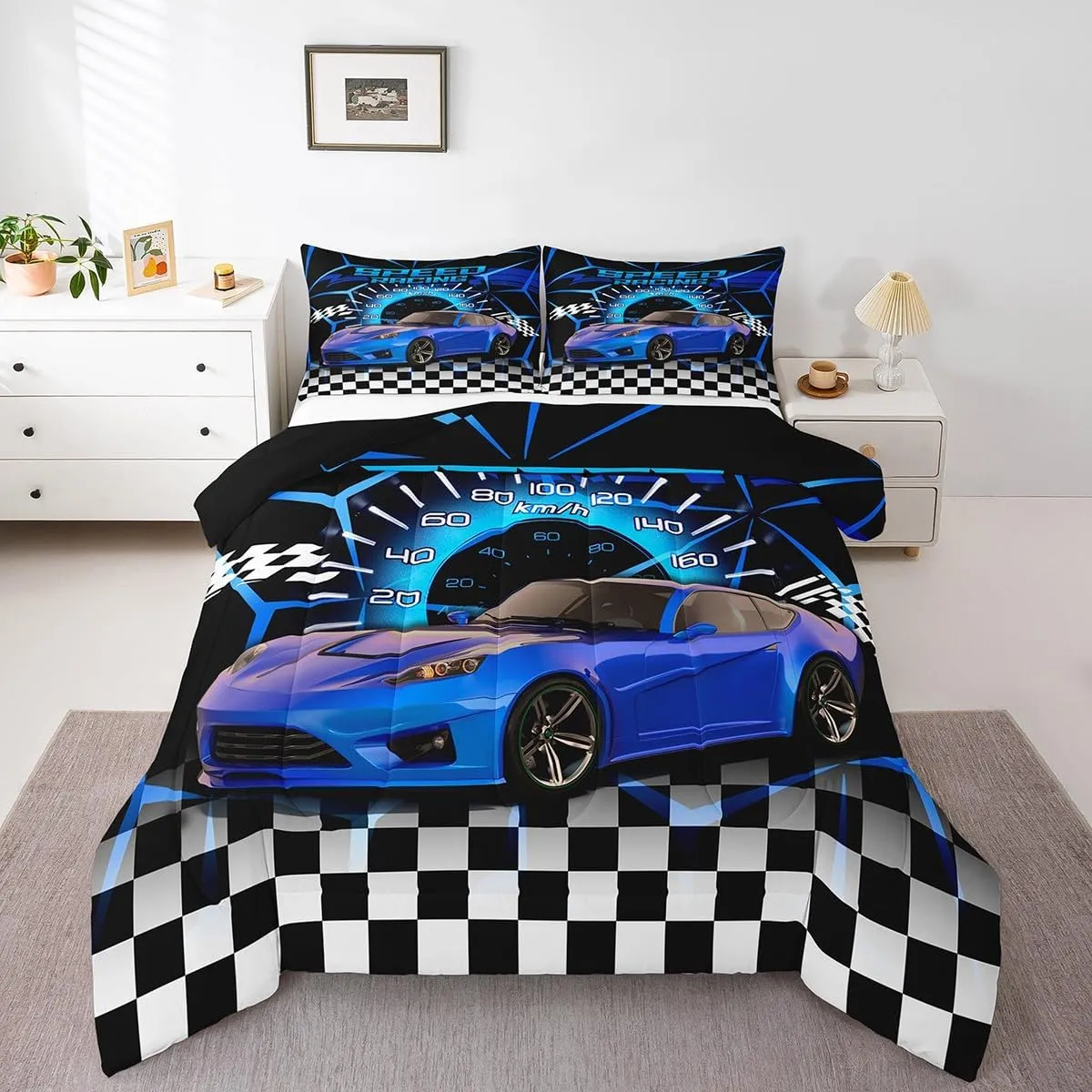 Feelyou Blue Racing Car Comforter Set Twin Size, Extreme Sport Games Bedding Sets for Kids Boys Teens,Sports Car Bed in A Bag,Cool Modern Duvet Insert with 1 Pillowcase