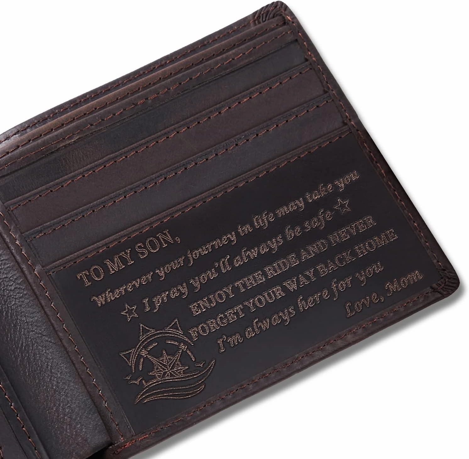 FeiYen Personalized Engraved Leather Wallet for Son from Mom Mother - Christmas Birthday Graduation Wedding Gift - I'm Always Here for You - Mens Custom Love Message Bifold Wallets for Him
