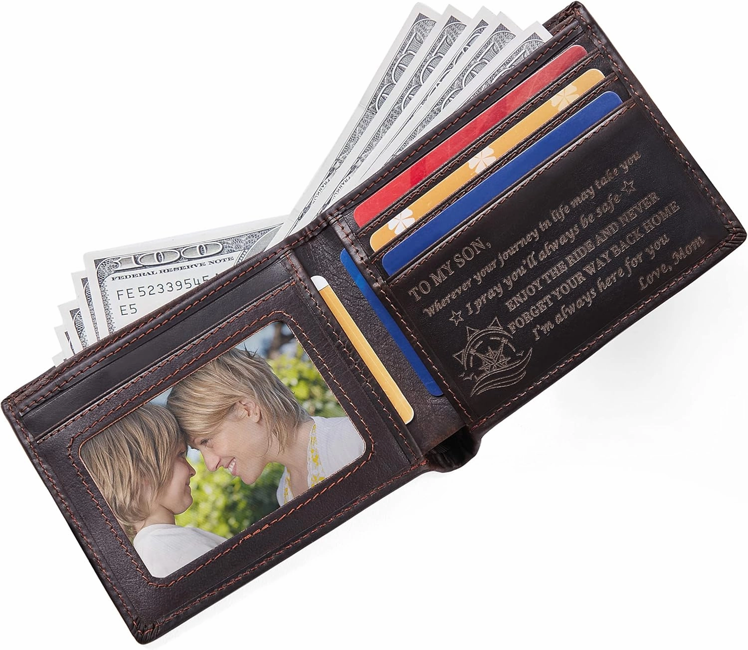FeiYen Personalized Engraved Leather Wallet for Son from Mom Mother - Christmas Birthday Graduation Wedding Gift - I'm Always Here for You - Mens Custom Love Message Bifold Wallets for Him