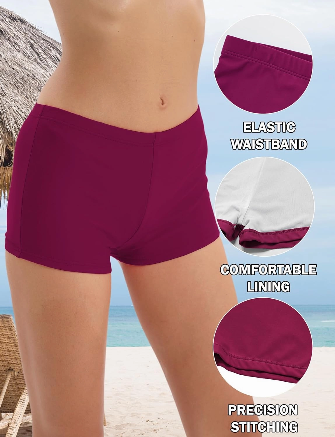 FEOYA Women's High Waisted Board Shorts Solid Color Stretchy Swim Bottoms Swimsuit Boyshorts