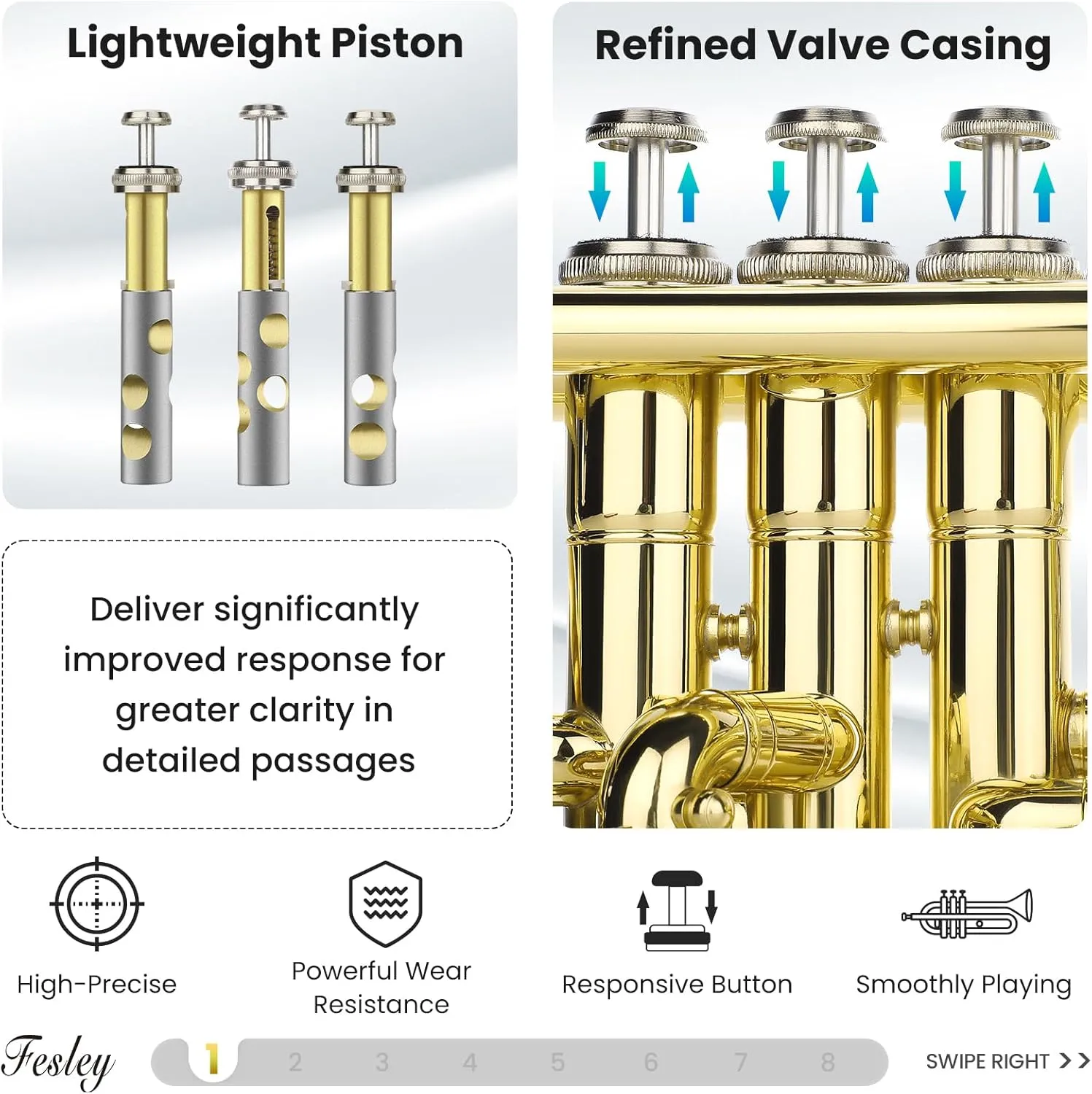 Fesley Bb Standard Trumpet Set: Brass Trumpets for Beginner Student, Brass Trumpet Instrument with 7C Mouthpiece, Hard Case, Cleaning Kit (Golden)
