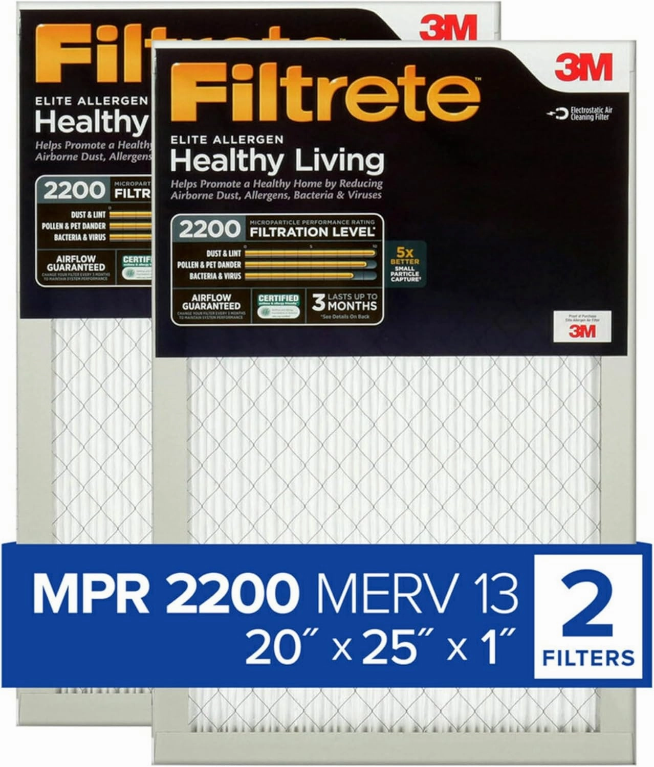Filtrete 20x25x1 AC Furnace Air Filter, MERV 13, MPR 2200, Elite Allergen, Bacteria & Virus Filter, 3-Month Pleated 1-Inch Electrostatic Air Cleaning Filter, 2-Pack (Actual Size 19.69x24.69x0.78 in)