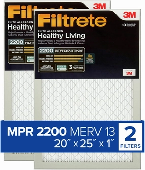 Filtrete 20x25x1 AC Furnace Air Filter, MERV 13, MPR 2200, Elite Allergen, Bacteria & Virus Filter, 3-Month Pleated 1-Inch Electrostatic Air Cleaning Filter, 2-Pack (Actual Size 19.69x24.69x0.78 in)