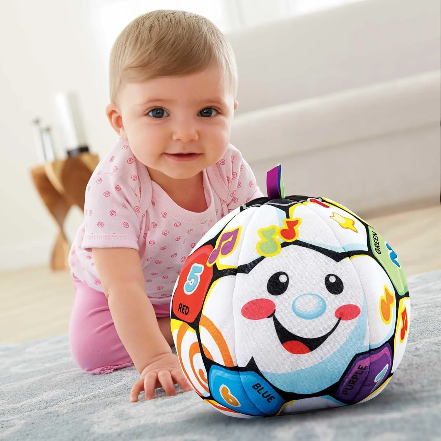 Fisher-Price Baby Learning Toy Laugh & Learn Singin’ Soccer Ball Musical Plush with Sounds & Phrases for Infants Ages 6  Months