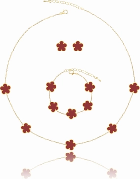 Five Leaf Clover Necklace Bracelet and Stud Set for Women Lucky Flower Gold Plated Jewelry