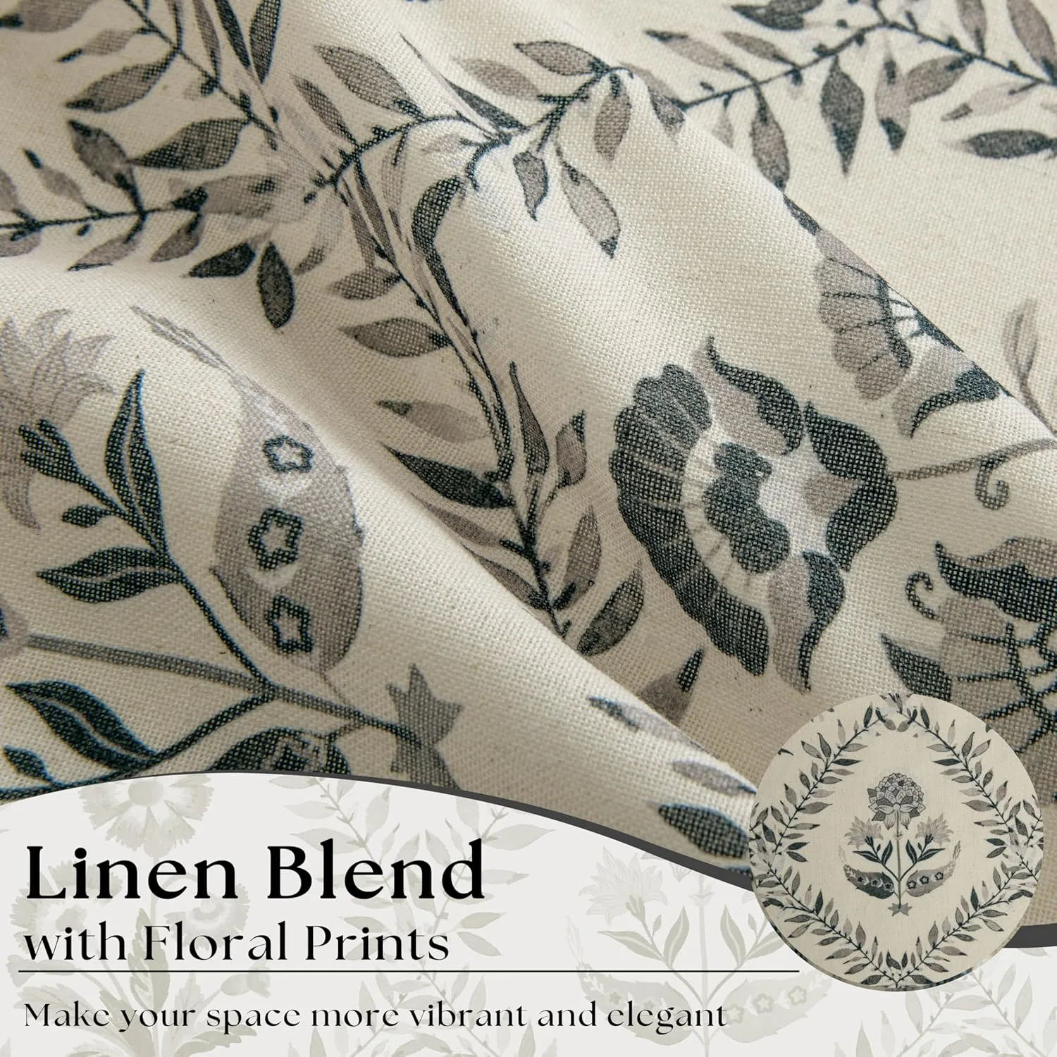 Floral Linen Curtains 84 Inch Length for Living Room Charcoal Green Black Plant Flower Patterned Curtains Printed Vintage Rustic Farmhouse Country Shabby Chic Bedroom Drapes 84 Inches Long