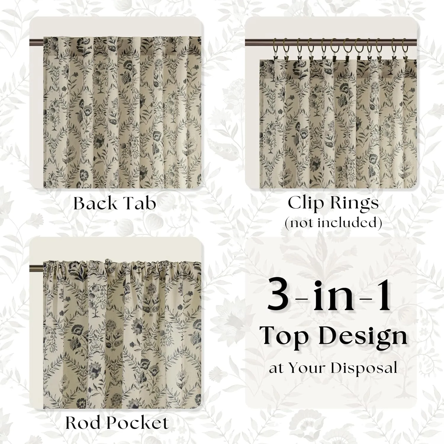 Floral Linen Curtains 84 Inch Length for Living Room Charcoal Green Black Plant Flower Patterned Curtains Printed Vintage Rustic Farmhouse Country Shabby Chic Bedroom Drapes 84 Inches Long