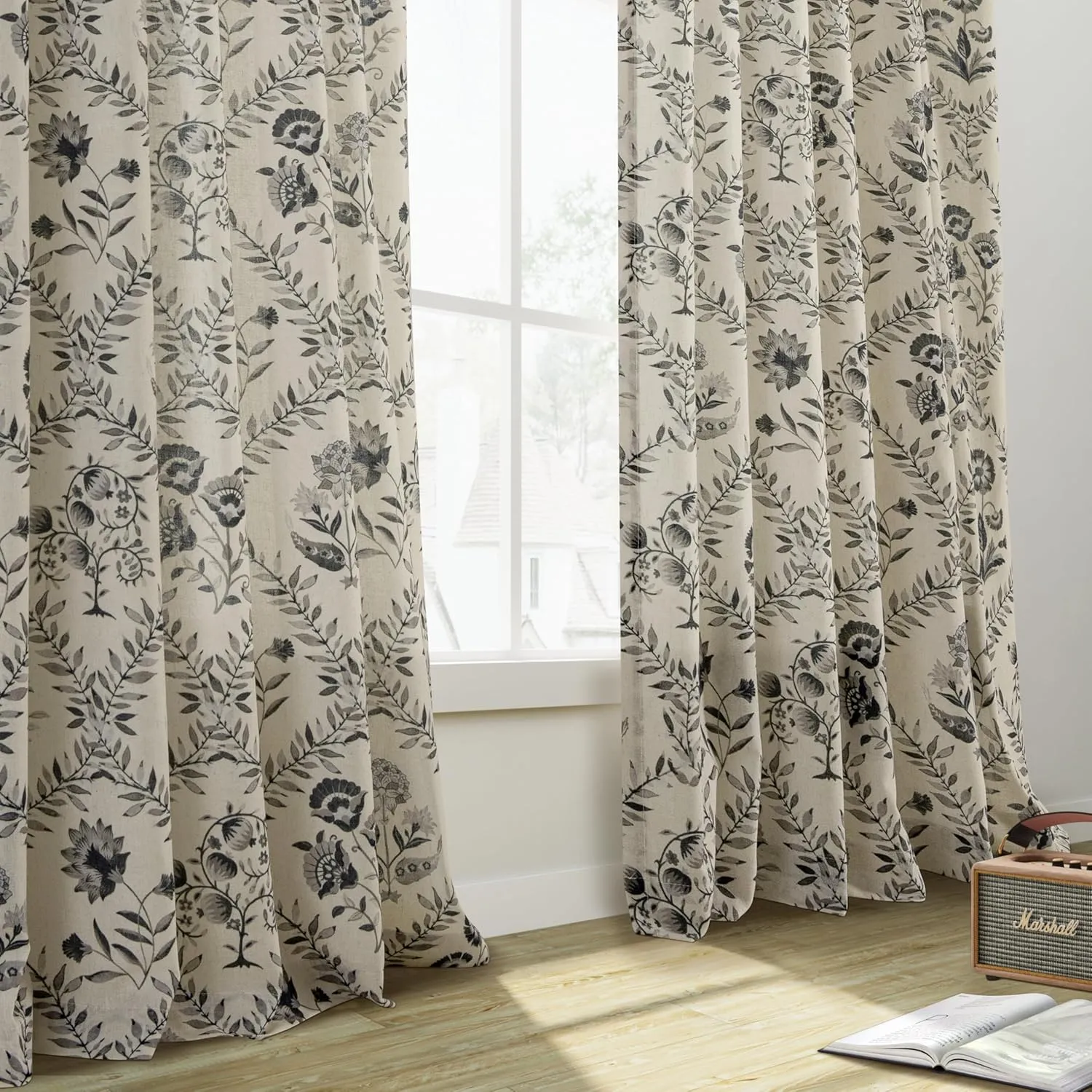 Floral Linen Curtains 84 Inch Length for Living Room Charcoal Green Black Plant Flower Patterned Curtains Printed Vintage Rustic Farmhouse Country Shabby Chic Bedroom Drapes 84 Inches Long
