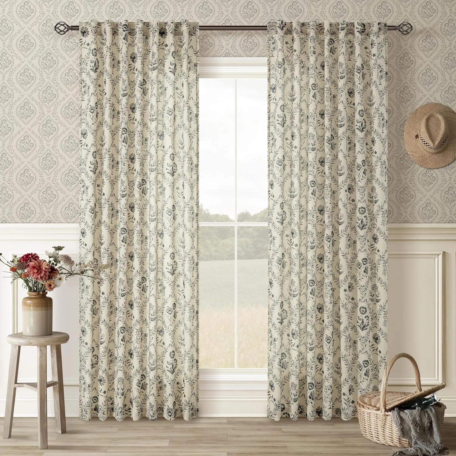 Floral Linen Curtains 84 Inch Length for Living Room Charcoal Green Black Plant Flower Patterned Curtains Printed Vintage Rustic Farmhouse Country Shabby Chic Bedroom Drapes 84 Inches Long
