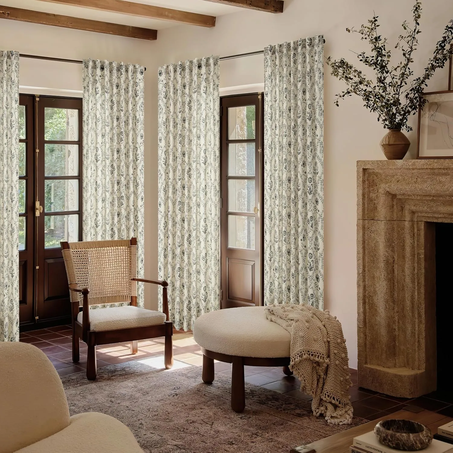 Floral Linen Curtains 84 Inch Length for Living Room Charcoal Green Black Plant Flower Patterned Curtains Printed Vintage Rustic Farmhouse Country Shabby Chic Bedroom Drapes 84 Inches Long