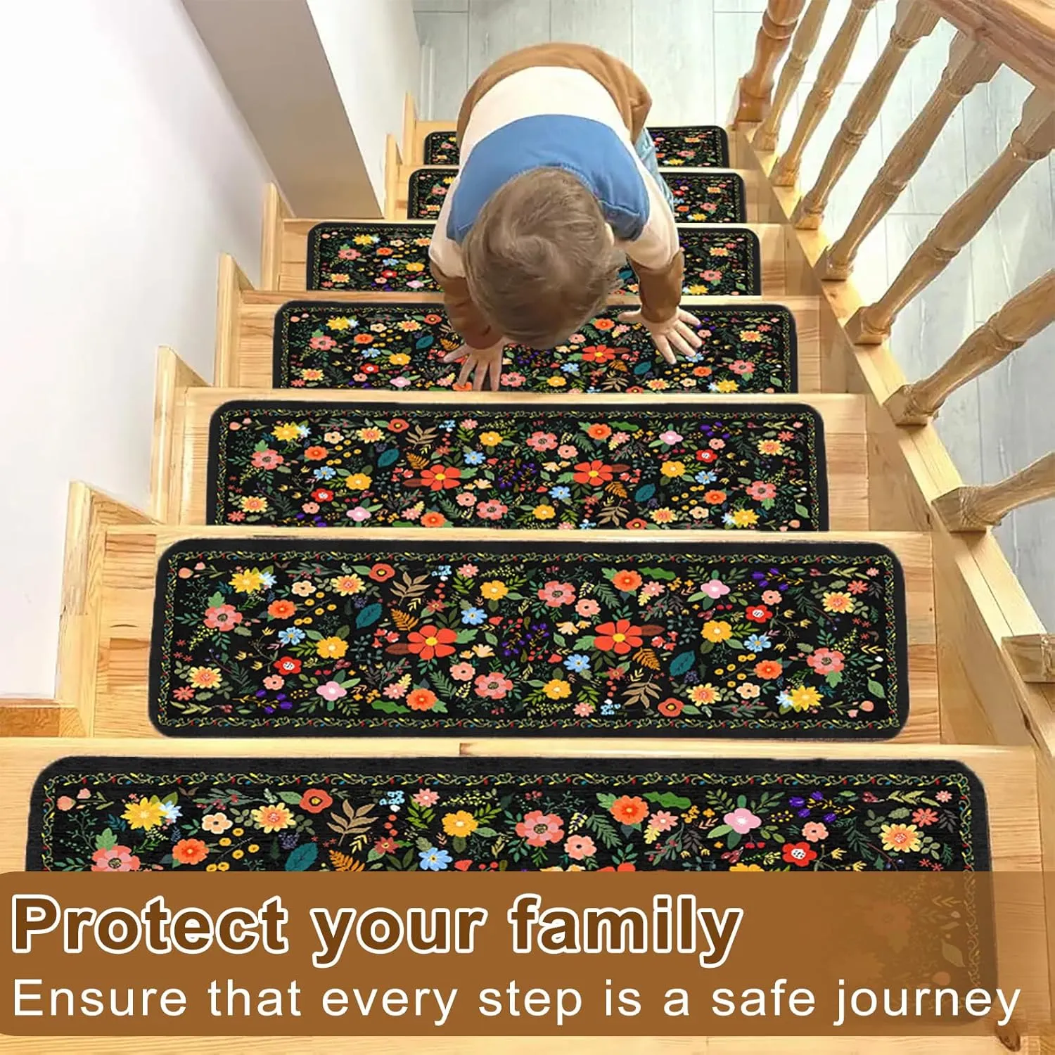 Floral Stair Treads for Wooden Steps Non-Slip 8"X30" 15PCS Black Stair Carpet Rubber Backing Stair Runner Washable Reusable Stair Rugs Indoor Safety Stair Mats for Elders Kids Dogs