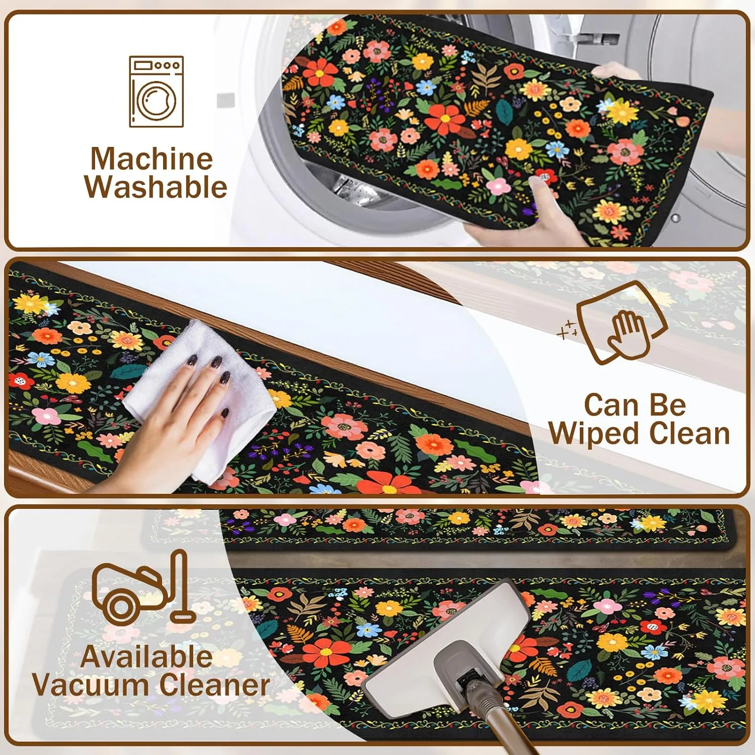 Floral Stair Treads for Wooden Steps Non-Slip 8"X30" 15PCS Black Stair Carpet Rubber Backing Stair Runner Washable Reusable Stair Rugs Indoor Safety Stair Mats for Elders Kids Dogs