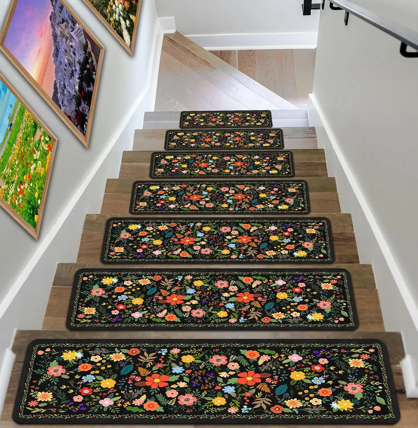Floral Stair Treads for Wooden Steps Non-Slip 8"X30" 15PCS Black Stair Carpet Rubber Backing Stair Runner Washable Reusable Stair Rugs Indoor Safety Stair Mats for Elders Kids Dogs