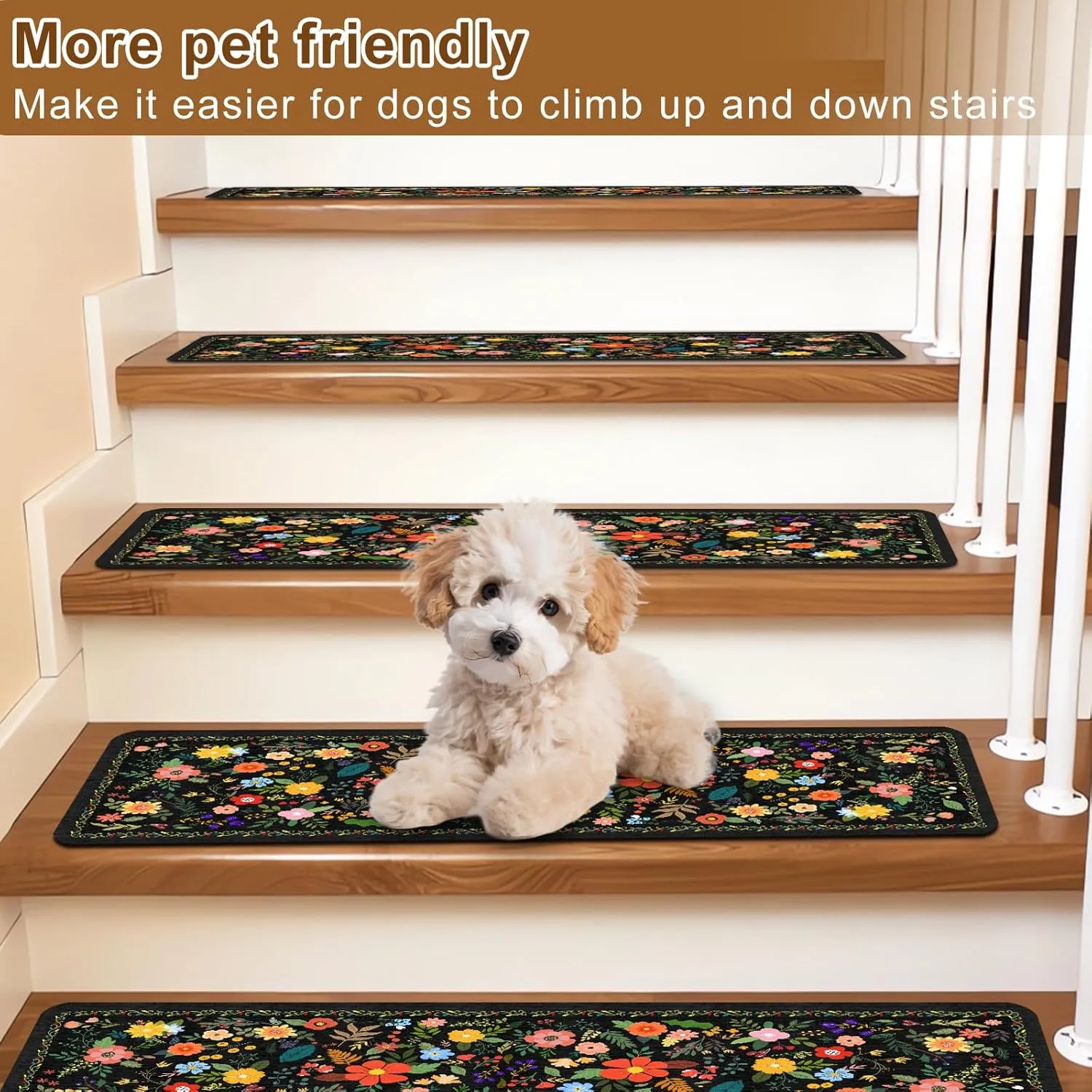 Floral Stair Treads for Wooden Steps Non-Slip 8"X30" 15PCS Black Stair Carpet Rubber Backing Stair Runner Washable Reusable Stair Rugs Indoor Safety Stair Mats for Elders Kids Dogs