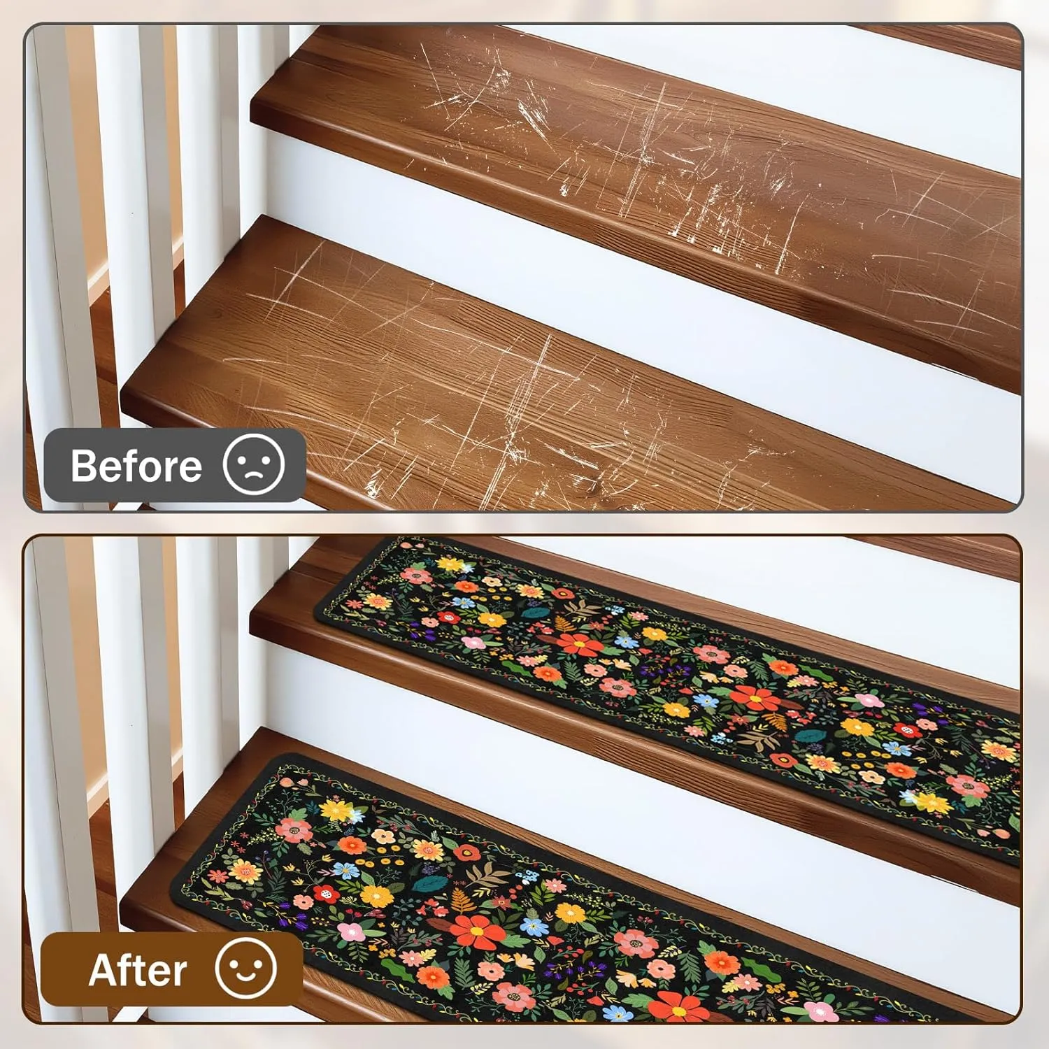 Floral Stair Treads for Wooden Steps Non-Slip 8"X30" 15PCS Black Stair Carpet Rubber Backing Stair Runner Washable Reusable Stair Rugs Indoor Safety Stair Mats for Elders Kids Dogs