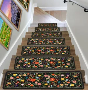 Floral Stair Treads for Wooden Steps Non-Slip 8"X30" 15PCS Black Stair Carpet Rubber Backing Stair Runner Washable Reusable Stair Rugs Indoor Safety Stair Mats for Elders Kids Dogs