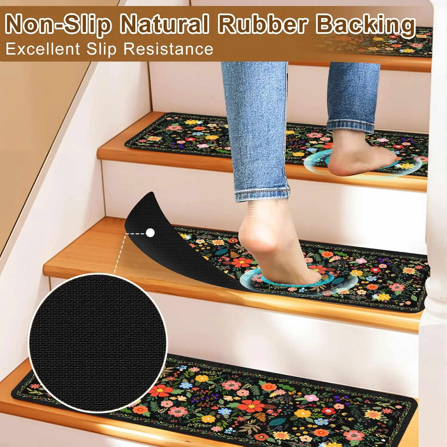 Floral Stair Treads for Wooden Steps Non-Slip 8"X30" 15PCS Black Stair Carpet Rubber Backing Stair Runner Washable Reusable Stair Rugs Indoor Safety Stair Mats for Elders Kids Dogs