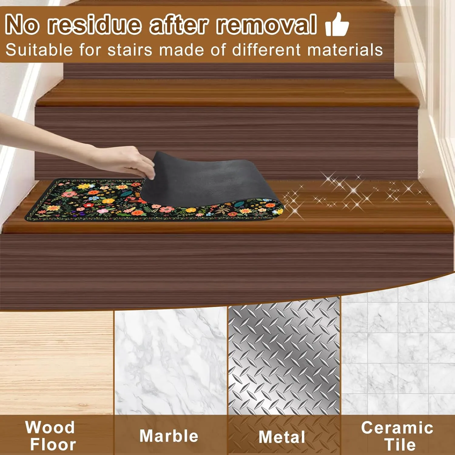 Floral Stair Treads for Wooden Steps Non-Slip 8"X30" 15PCS Black Stair Carpet Rubber Backing Stair Runner Washable Reusable Stair Rugs Indoor Safety Stair Mats for Elders Kids Dogs