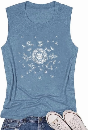 Floral Tank Top for Women Butterflies Dandelion Graphic Print Sleeveless Tees Camping Hiking Tunic T-Shirt