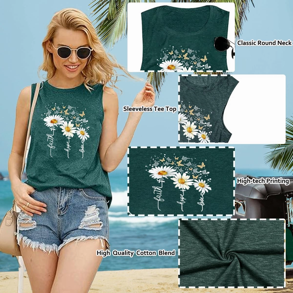 Floral Tank Top for Women Butterflies Dandelion Graphic Print Sleeveless Tees Camping Hiking Tunic T-Shirt