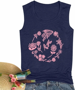 Floral Tank Top for Women Butterflies Dandelion Graphic Print Sleeveless Tees Camping Hiking Tunic T-Shirt