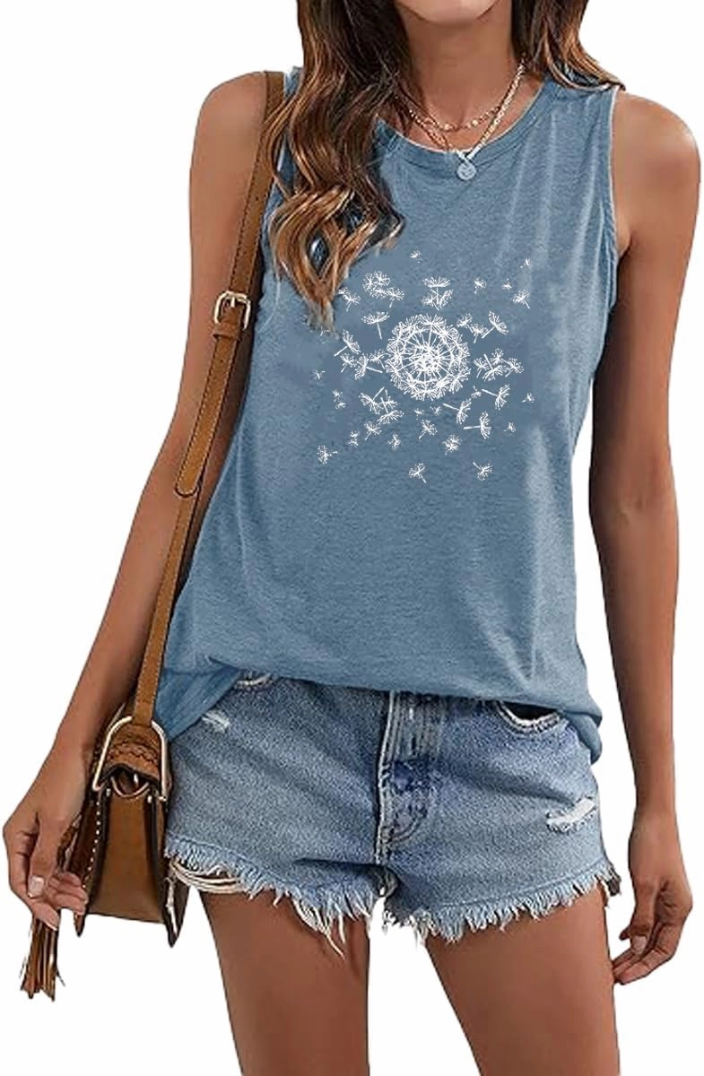Floral Tank Top for Women Butterflies Dandelion Graphic Print Sleeveless Tees Camping Hiking Tunic T-Shirt