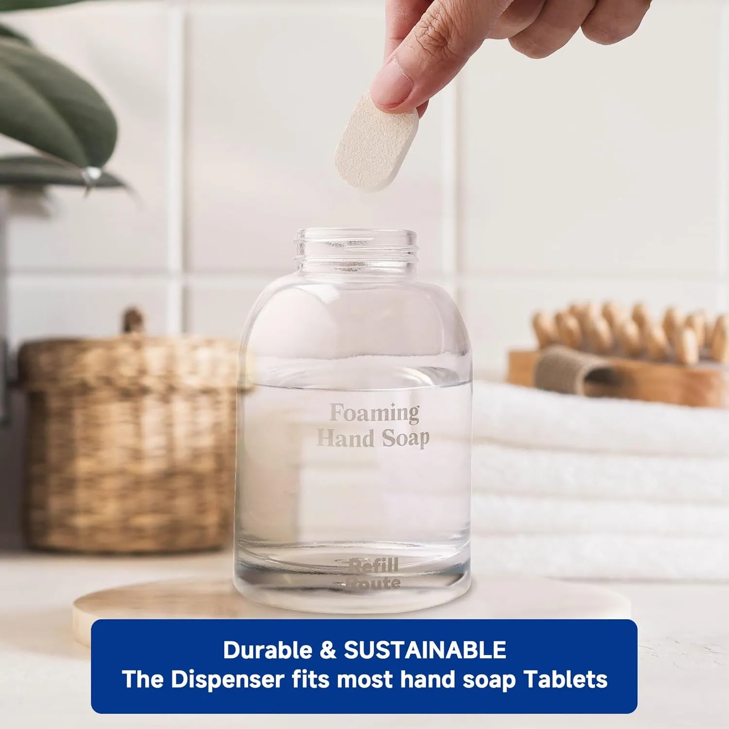 Foaming Hand Soap Refills & Dispenser Glass, 12 Hand Soap Tablets 2 Foaming Dispensers 2 Microfiber Cloths, Make 96 fl oz(12 x 8) - No Plastic, Vegan, Cleansing & Moisturizing, Lemon Scent
