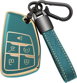 for Chevy Key Fob Cover with Leather Keychain Soft TPU Key Case Shell Holder Fits for Chevrolet 2021 2022 2023 2024 Suburban Tahoe Silverado 1500, for GMC Yukon Sierra 5 Button (A Gray)