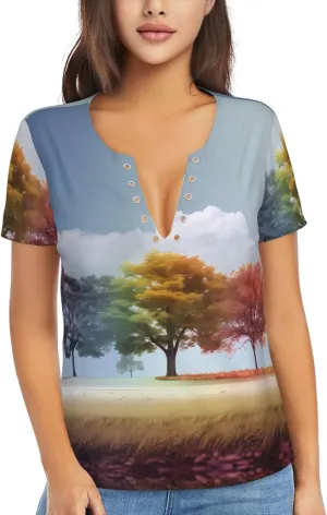 Four Seasons Tree Pattern Sexy V-Neck Printed Short T-Shirt, Travel Portable Fitness Clothes, Home and Outdoor wear