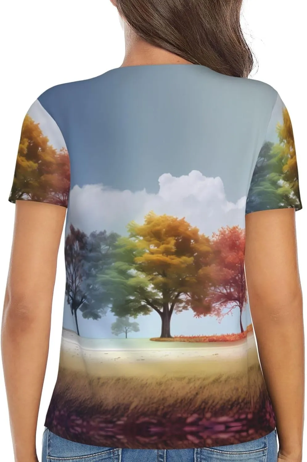 Four Seasons Tree Pattern Sexy V-Neck Printed Short T-Shirt, Travel Portable Fitness Clothes, Home and Outdoor wear