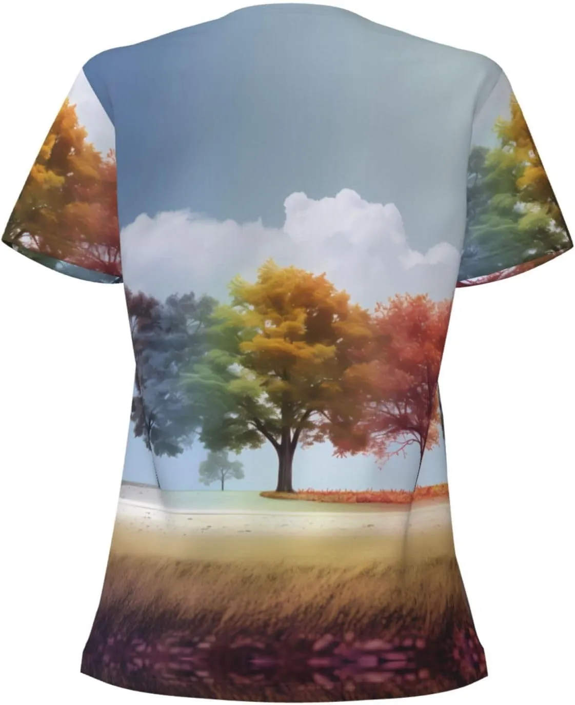 Four Seasons Tree Pattern Sexy V-Neck Printed Short T-Shirt, Travel Portable Fitness Clothes, Home and Outdoor wear