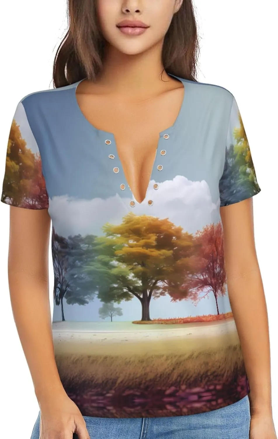 Four Seasons Tree Pattern Sexy V-Neck Printed Short T-Shirt, Travel Portable Fitness Clothes, Home and Outdoor wear