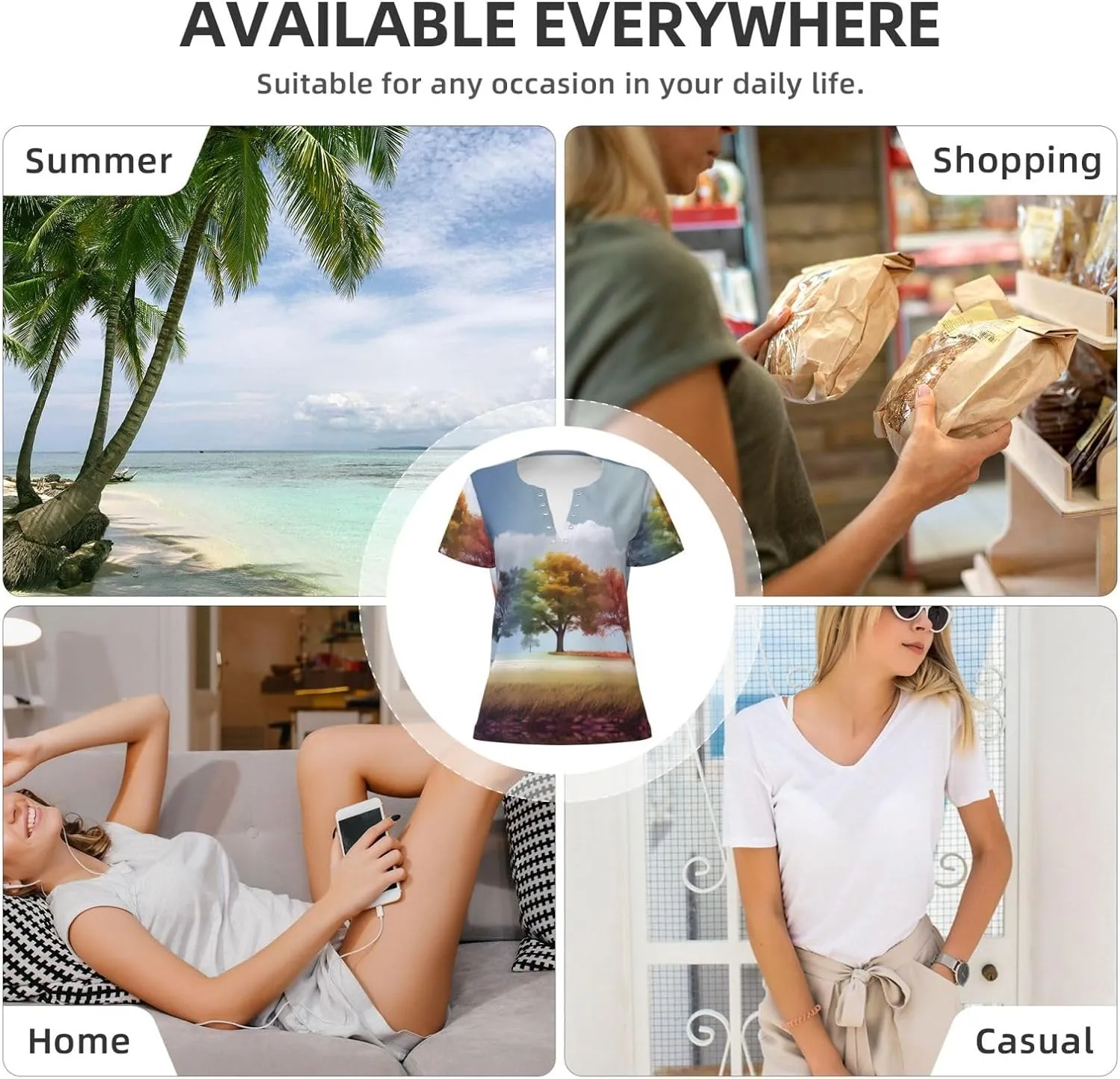 Four Seasons Tree Pattern Sexy V-Neck Printed Short T-Shirt, Travel Portable Fitness Clothes, Home and Outdoor wear