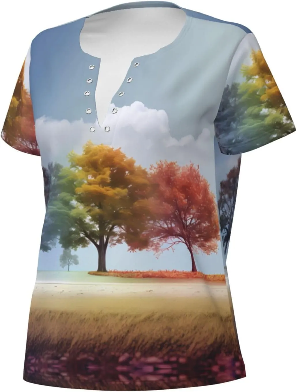 Four Seasons Tree Pattern Sexy V-Neck Printed Short T-Shirt, Travel Portable Fitness Clothes, Home and Outdoor wear