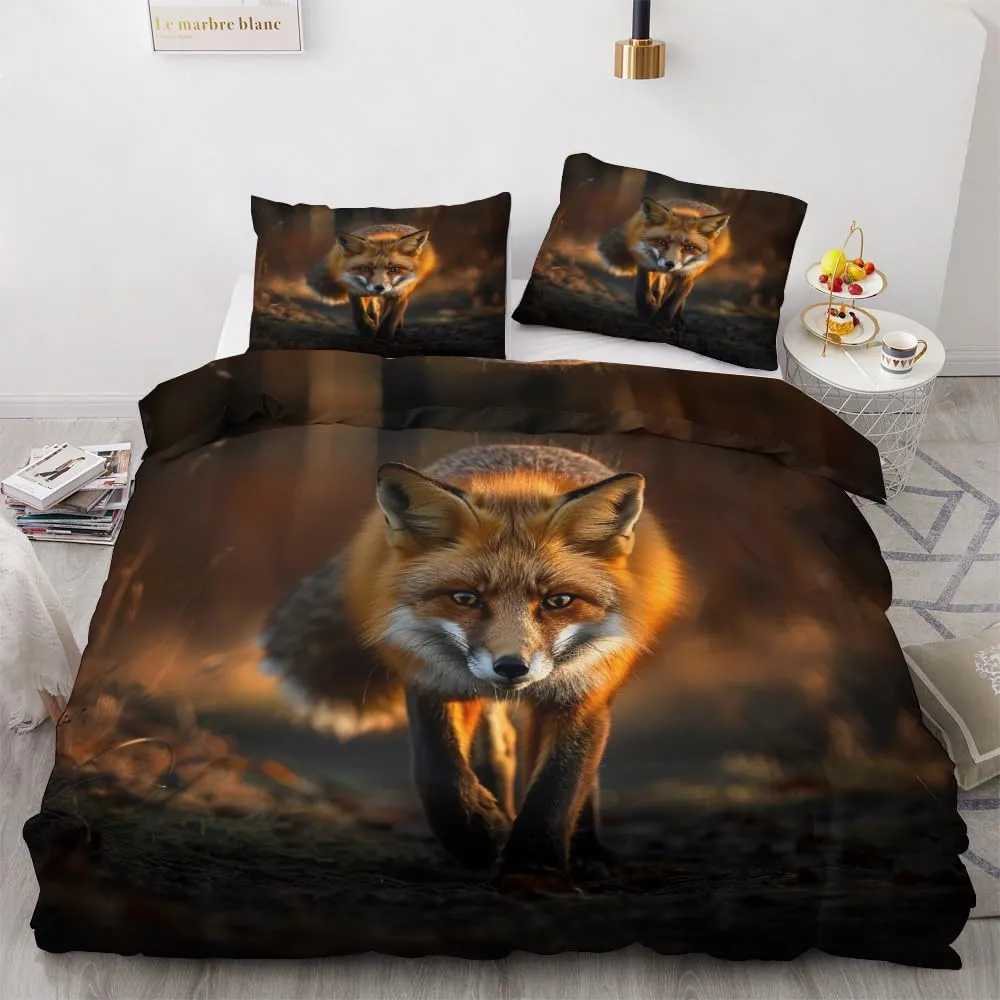 Fox Duvet Cover Cal King Size Set, Animal 3D Bedding Bedroom Decor, Comforter Cover & 2 Pillowcases 3 Pieces, Home Collection Quilt Cover