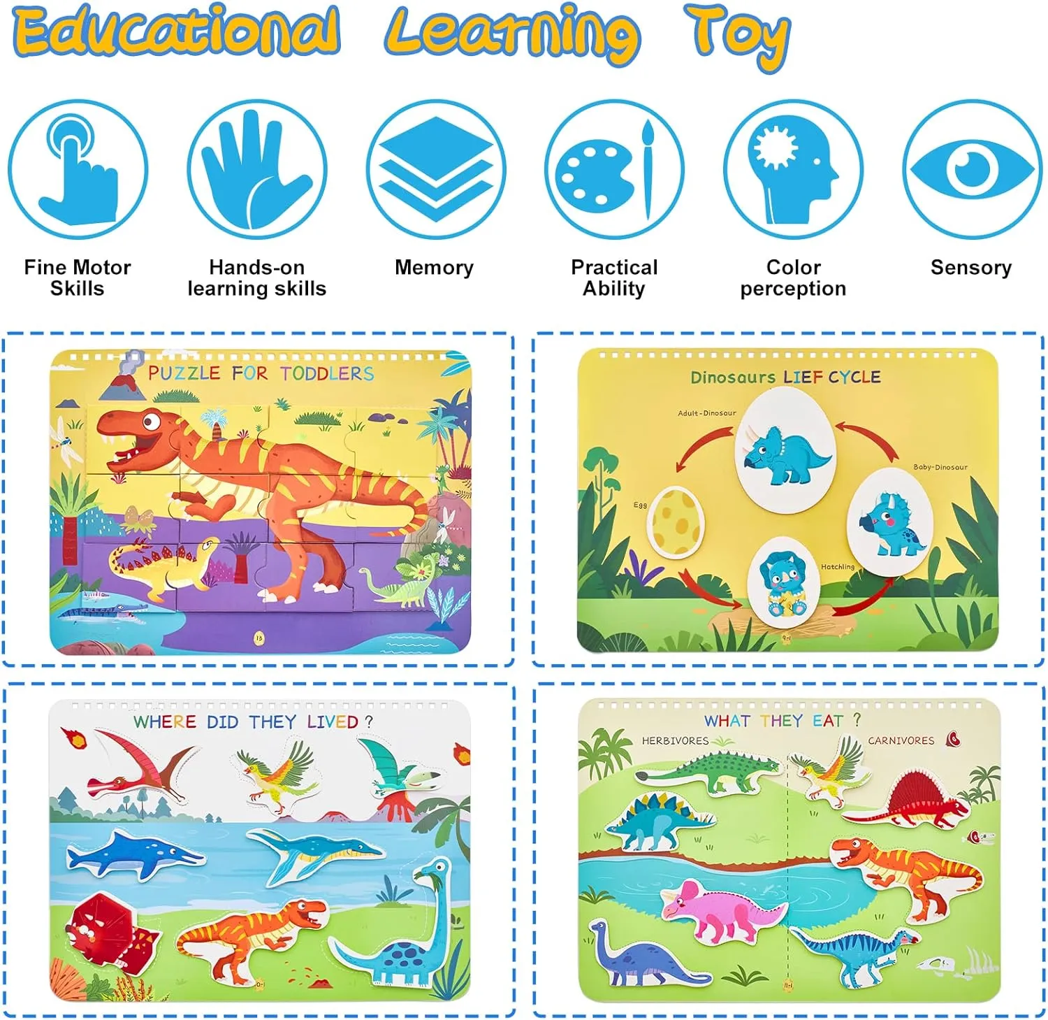 Freebear Busy Book for Toddlers Preschool Learning Activities Resources Autism Sensory Montessori Toys for 2-3 Year Old,Travel Toys, Gifts for Girls and Boys 4 5 6 Years (Dinosaur World)