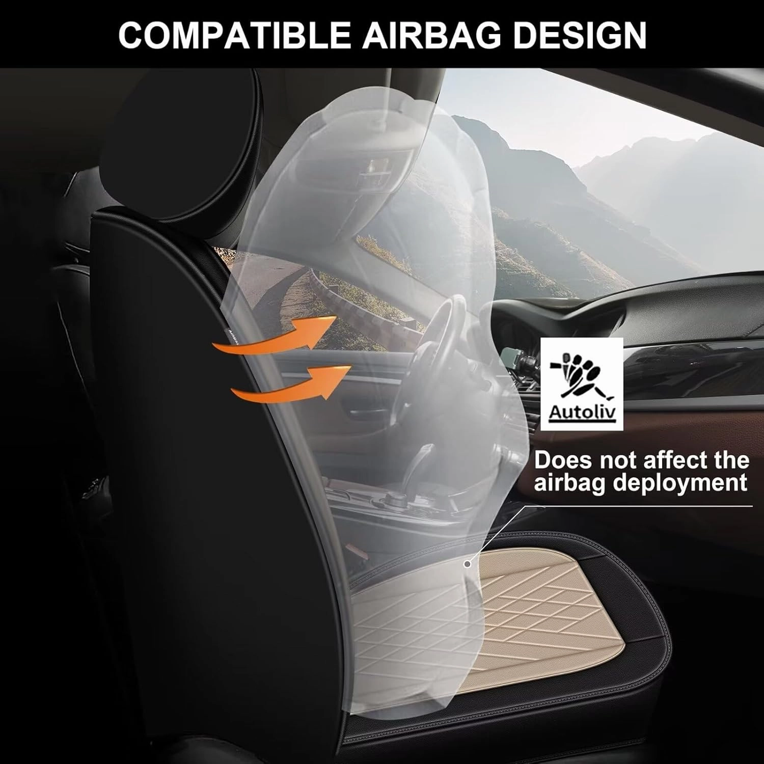 Front Seat Covers for Volkswagen VW Atlas 2018-2025: Faux Leather Car Seat Covers Automotive Seat Protectors Compatible with Airbag (Black & Beige)