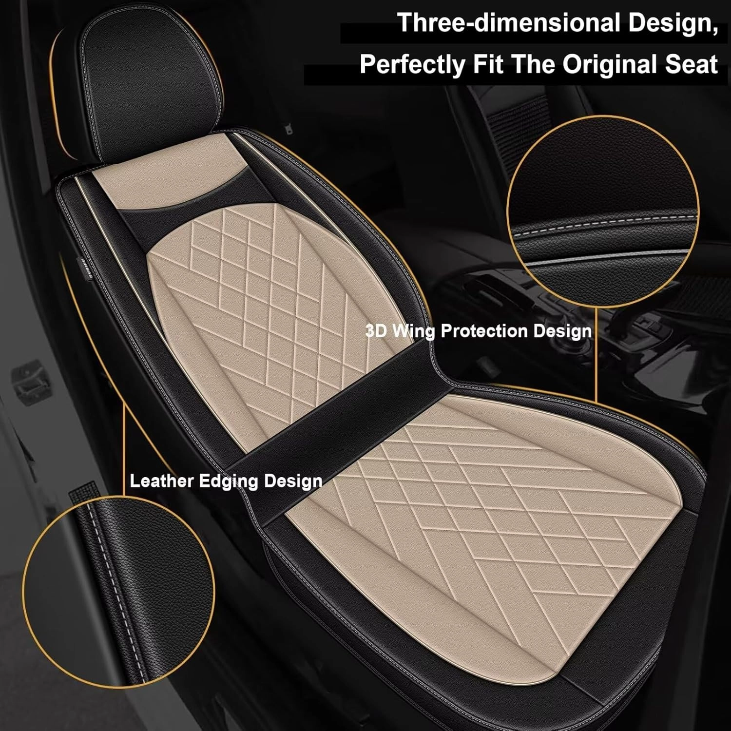 Front Seat Covers for Volkswagen VW Atlas 2018-2025: Faux Leather Car Seat Covers Automotive Seat Protectors Compatible with Airbag (Black & Beige)