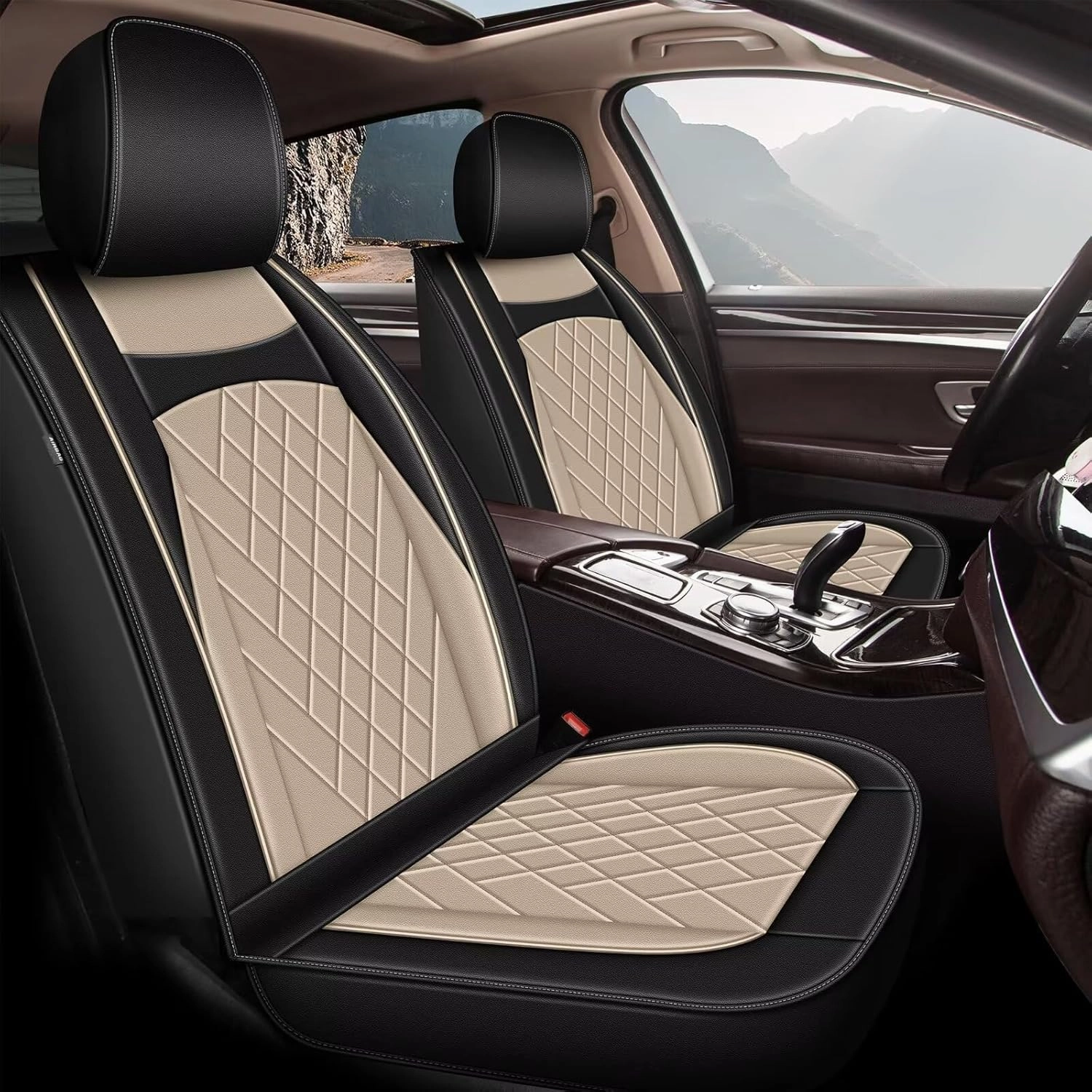 Front Seat Covers for Volkswagen VW Atlas 2018-2025: Faux Leather Car Seat Covers Automotive Seat Protectors Compatible with Airbag (Black & Beige)