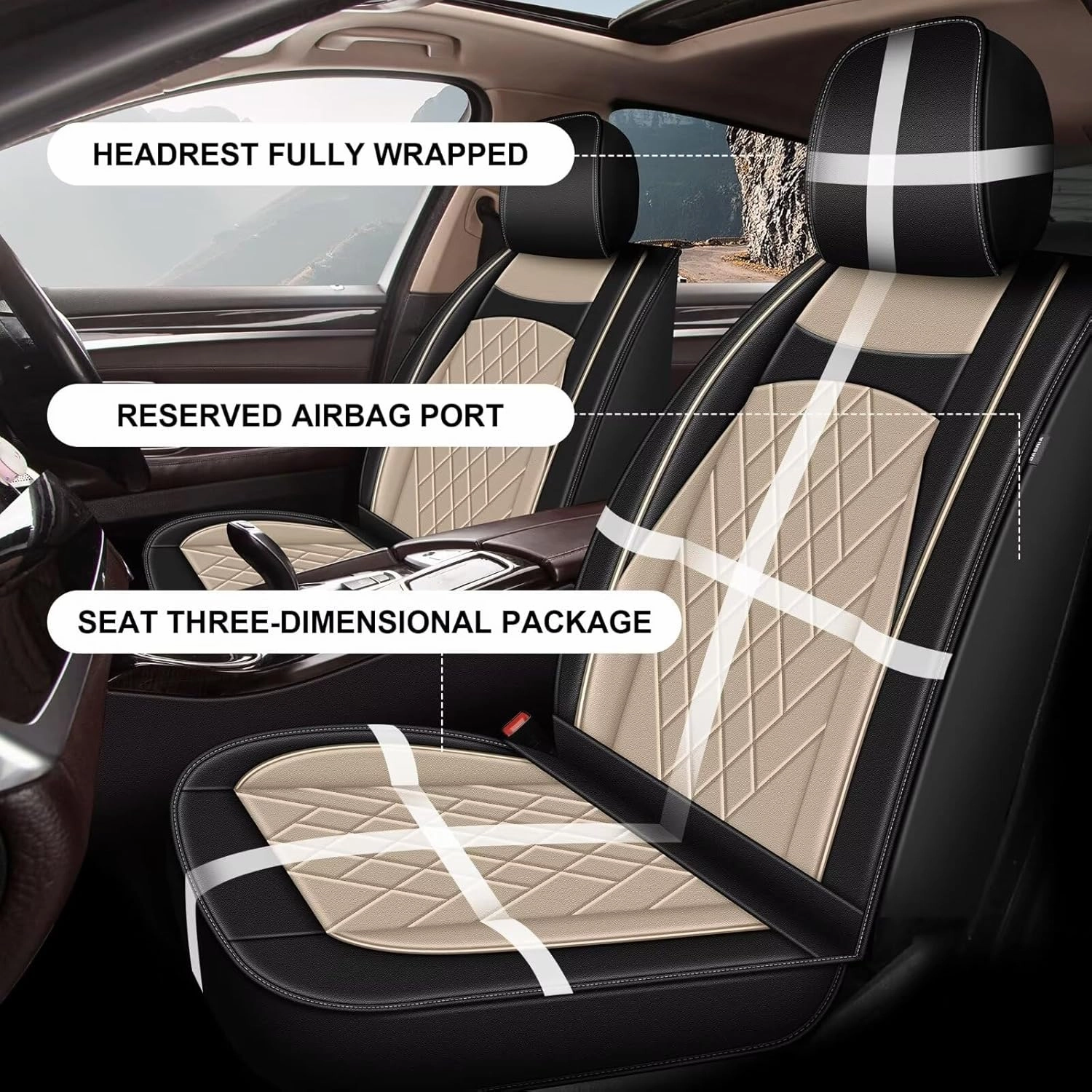 Front Seat Covers for Volkswagen VW Atlas 2018-2025: Faux Leather Car Seat Covers Automotive Seat Protectors Compatible with Airbag (Black & Beige)