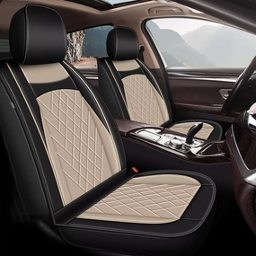 Front Seat Covers for Volkswagen VW Atlas 2018-2025: Faux Leather Car Seat Covers Automotive Seat Protectors Compatible with Airbag (Black & Beige)